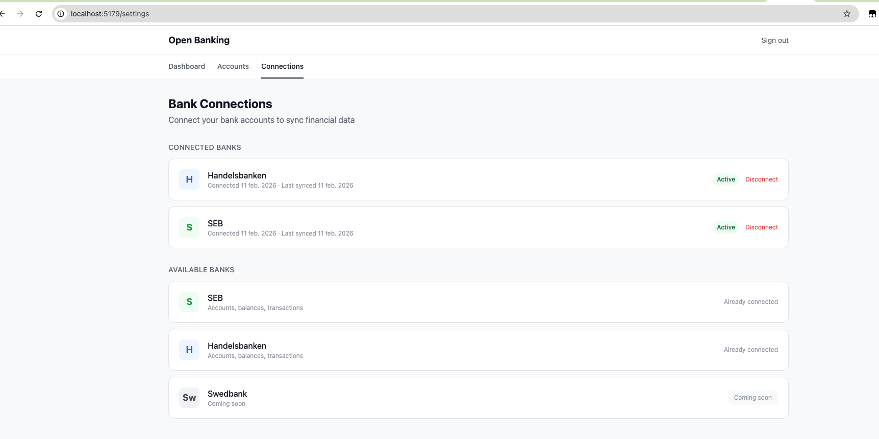 Open Banking – Anslutningsvyn med Handelsbanken och SEB anslutna, Swedbank tillgänglig